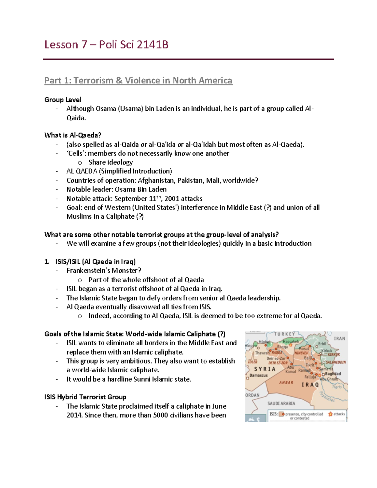 Poli+Sci+2141+-+Lesson+7 - Lesson 7 – Poli Sci 2141B Part 1: Terrorism ...