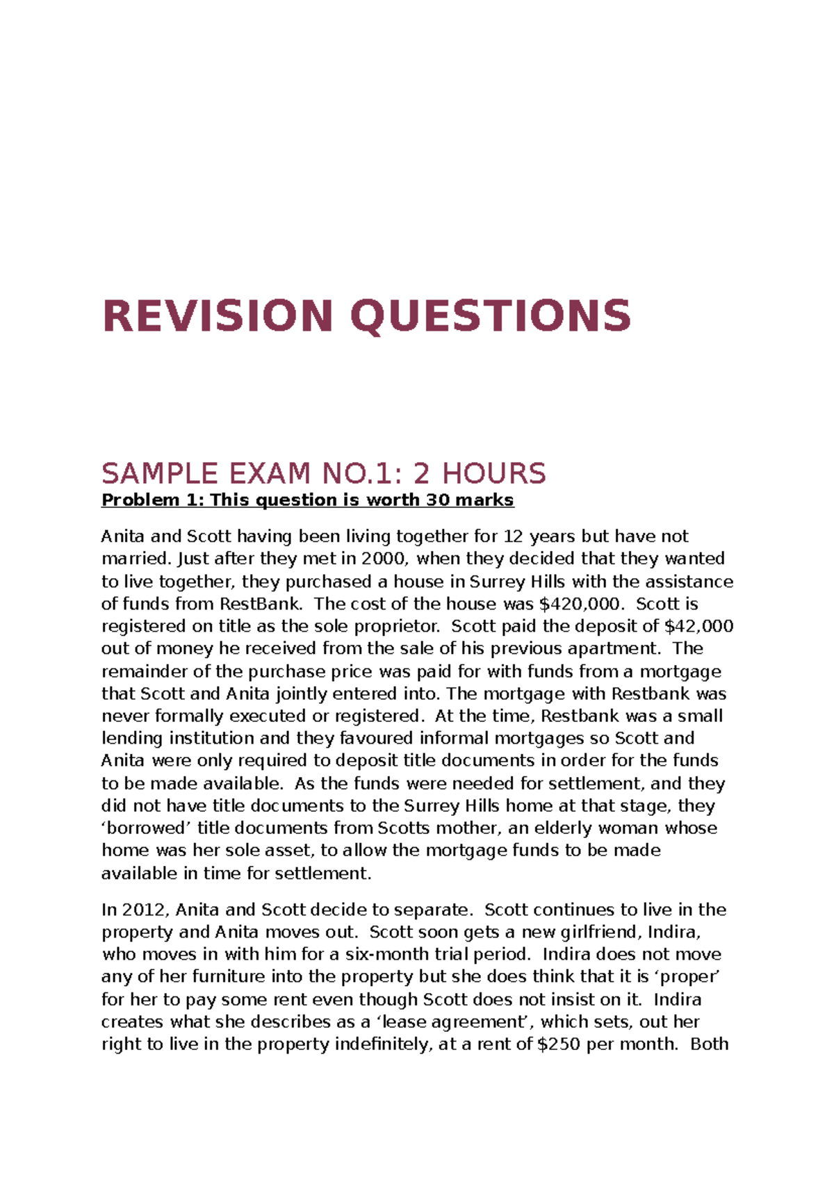2019 Sample Exam Questions -Property Law - REVISION QUESTIONS SAMPLE ...