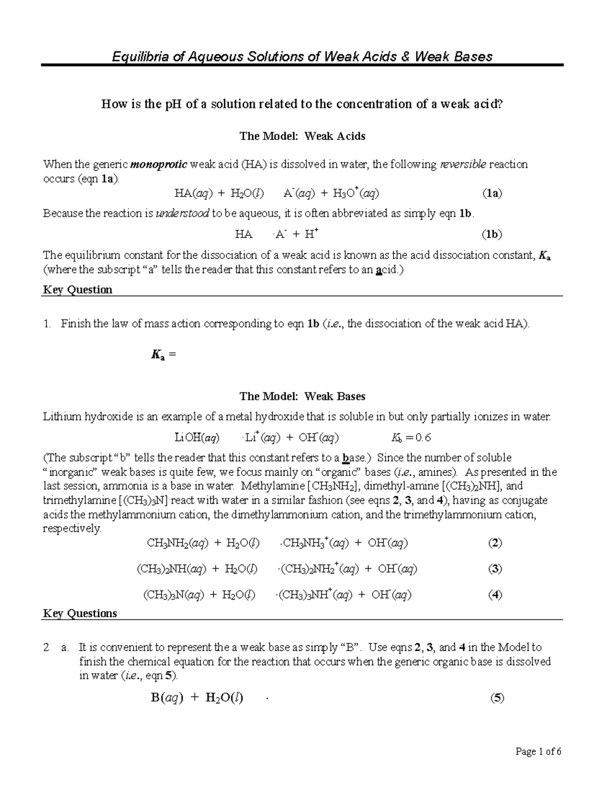 Weak Acids and Bases - Equilibria of Aqueous Solutions of Weak Acids ...