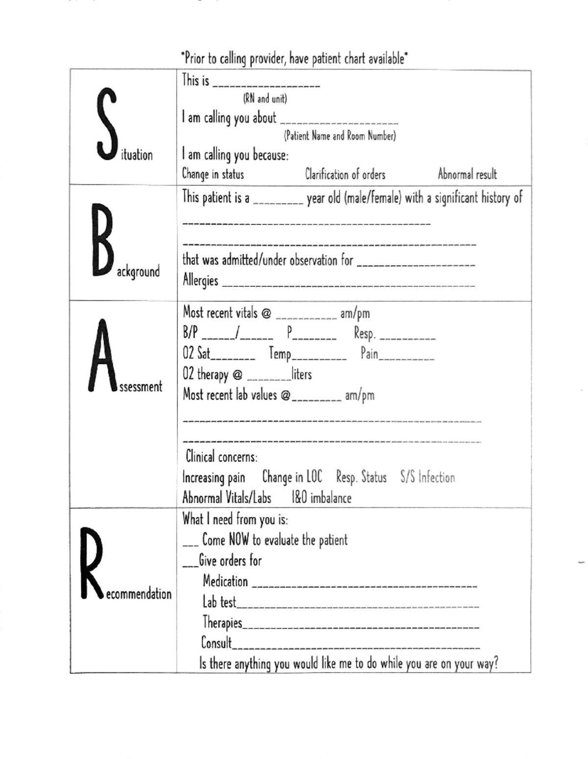 SBAR - Study Info for Class - to calling provider, have patient chart ...