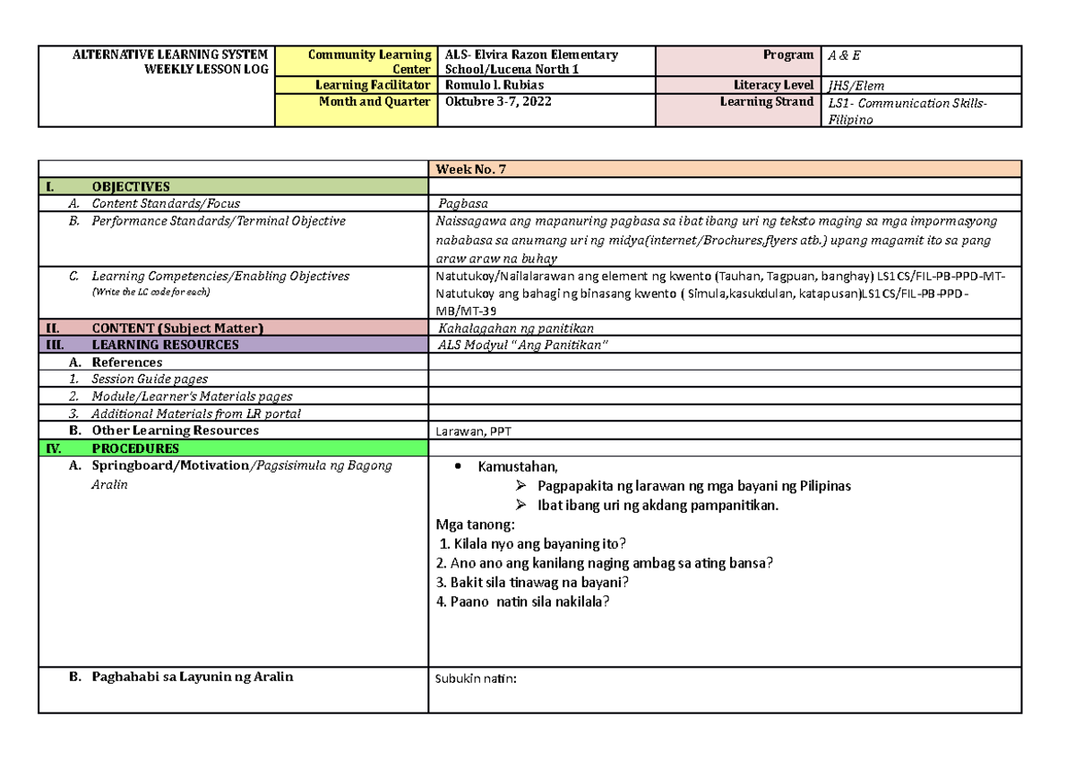 Wll,panitikan week 7 - module - ALTERNATIVE LEARNING SYSTEM WEEKLY ...
