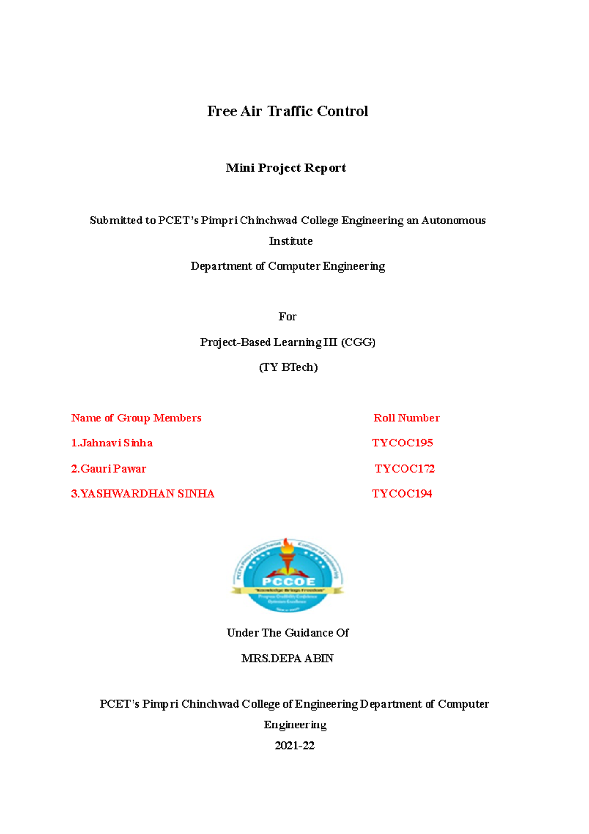 CGG Mini Project Report Format Free Air Traffic Control Mini Project Report Submitted to PCET