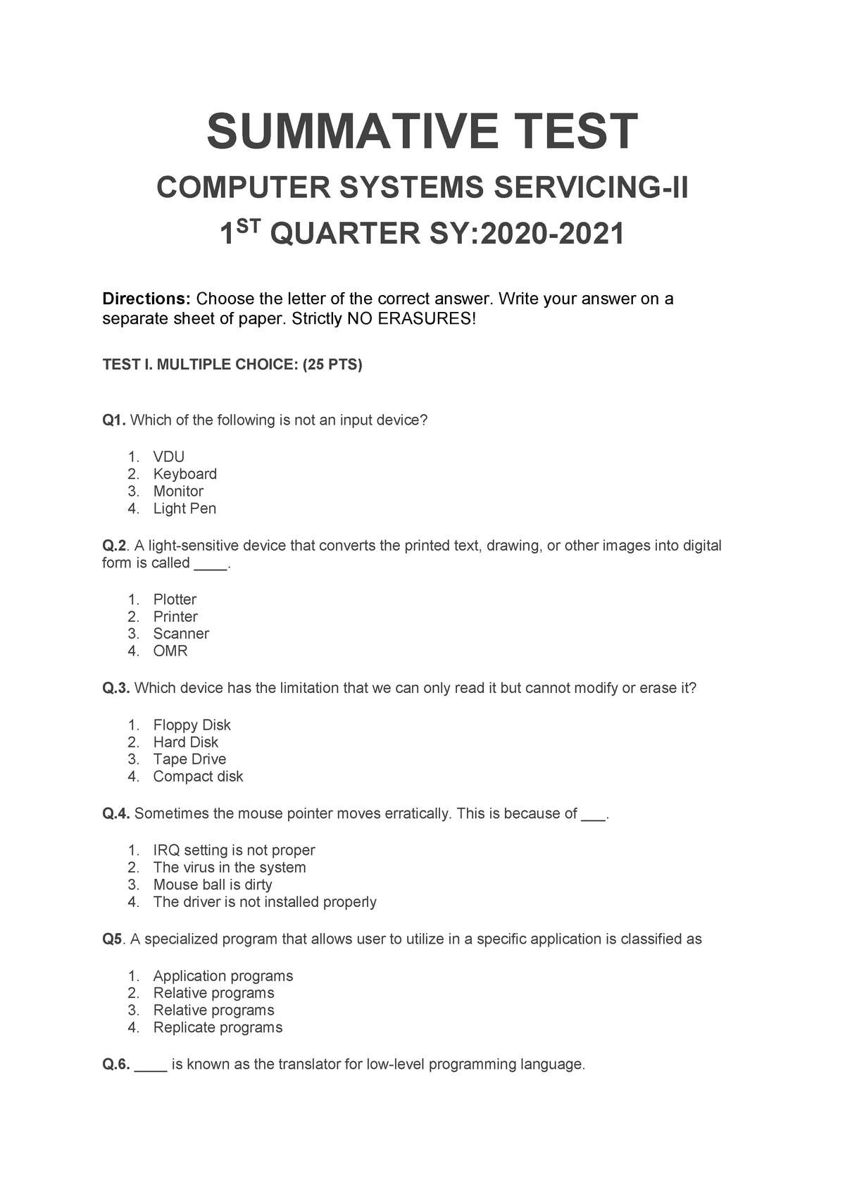 Summative TEST ICT 11 1ST Quarter - SUMMATIVE TEST COMPUTER SYSTEMS ...