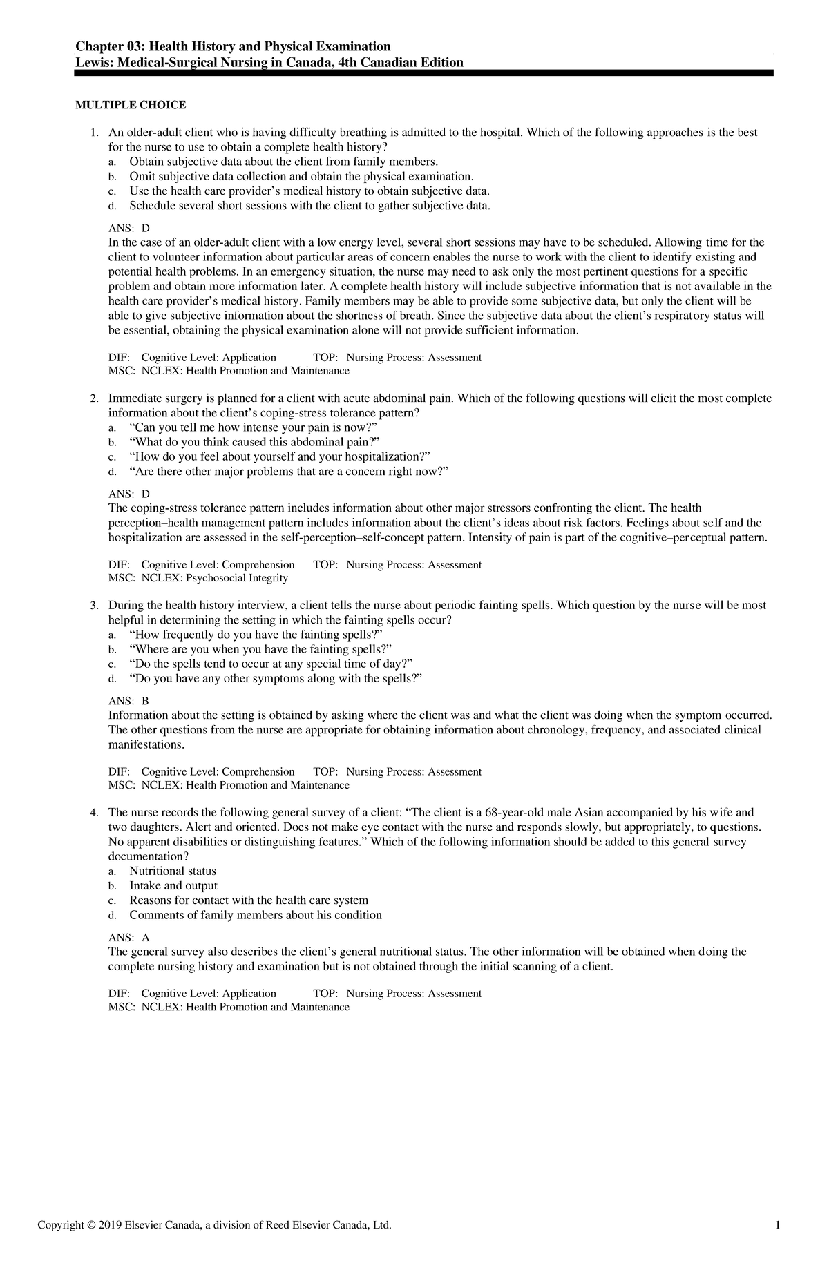 Chapter 03 Ch. 3 Chapter 03 Health History and Physical Examination Lewis MedicalSurgical
