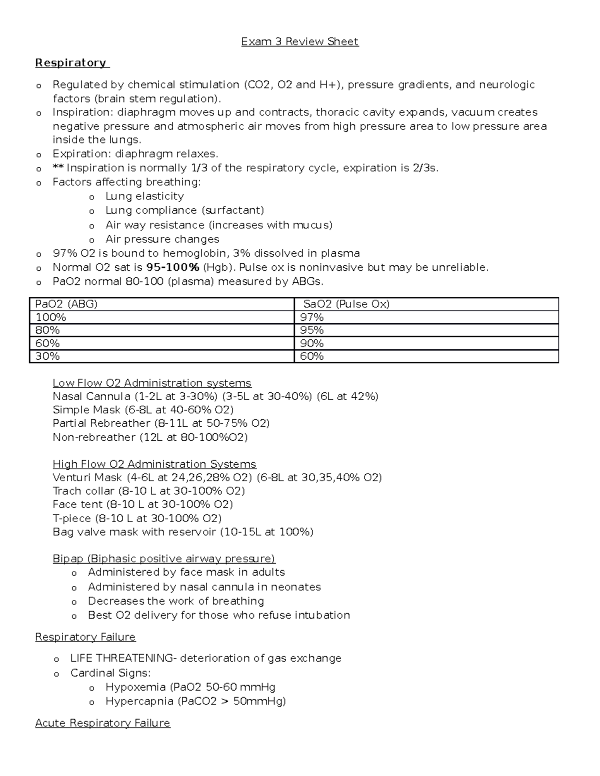 Complete Exam 3 Review everything 202 - Exam 3 Review Sheet Respiratory ...