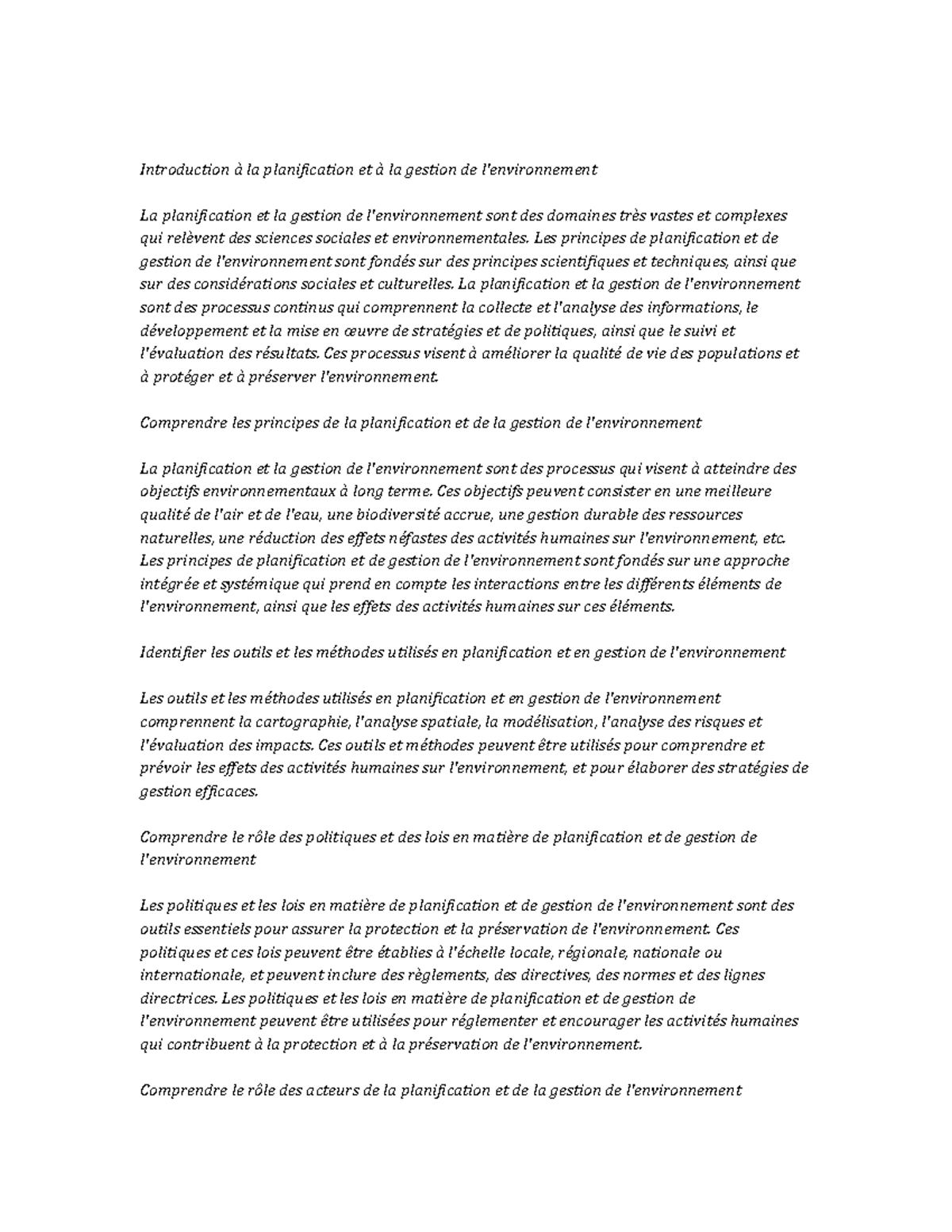 Environmental Planning and Management Study Notes Introduction à la