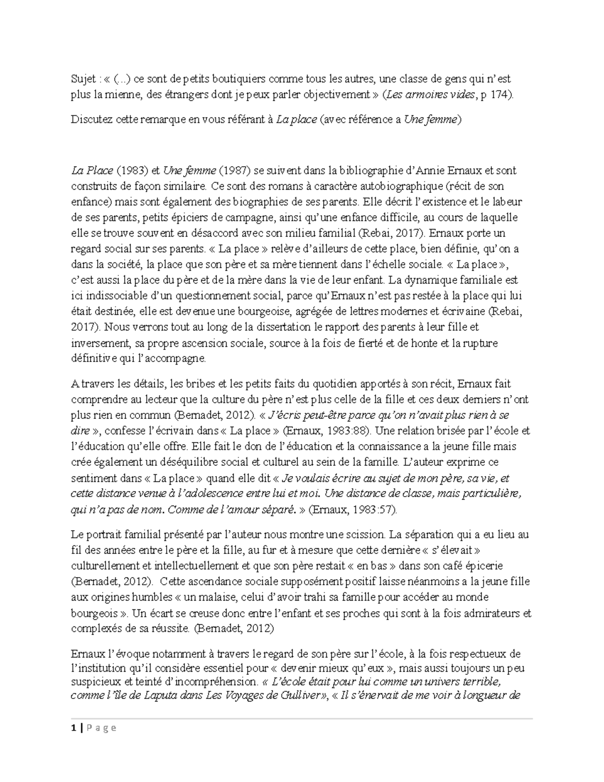 Annie Ernaux La Place Studocu