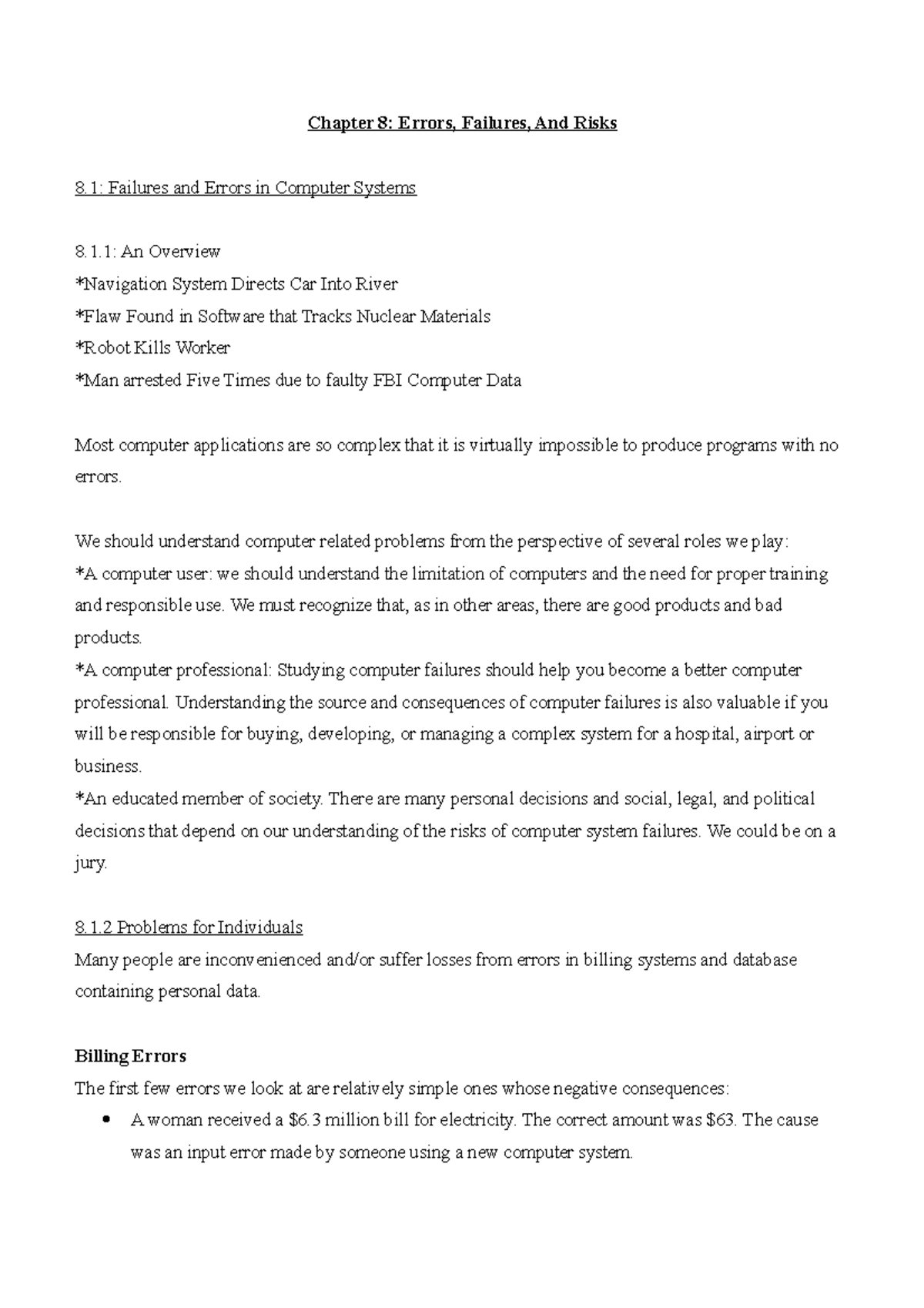 Chapter 8 Summary - Chapter 8: Errors, Failures, And Risks 8: Failures