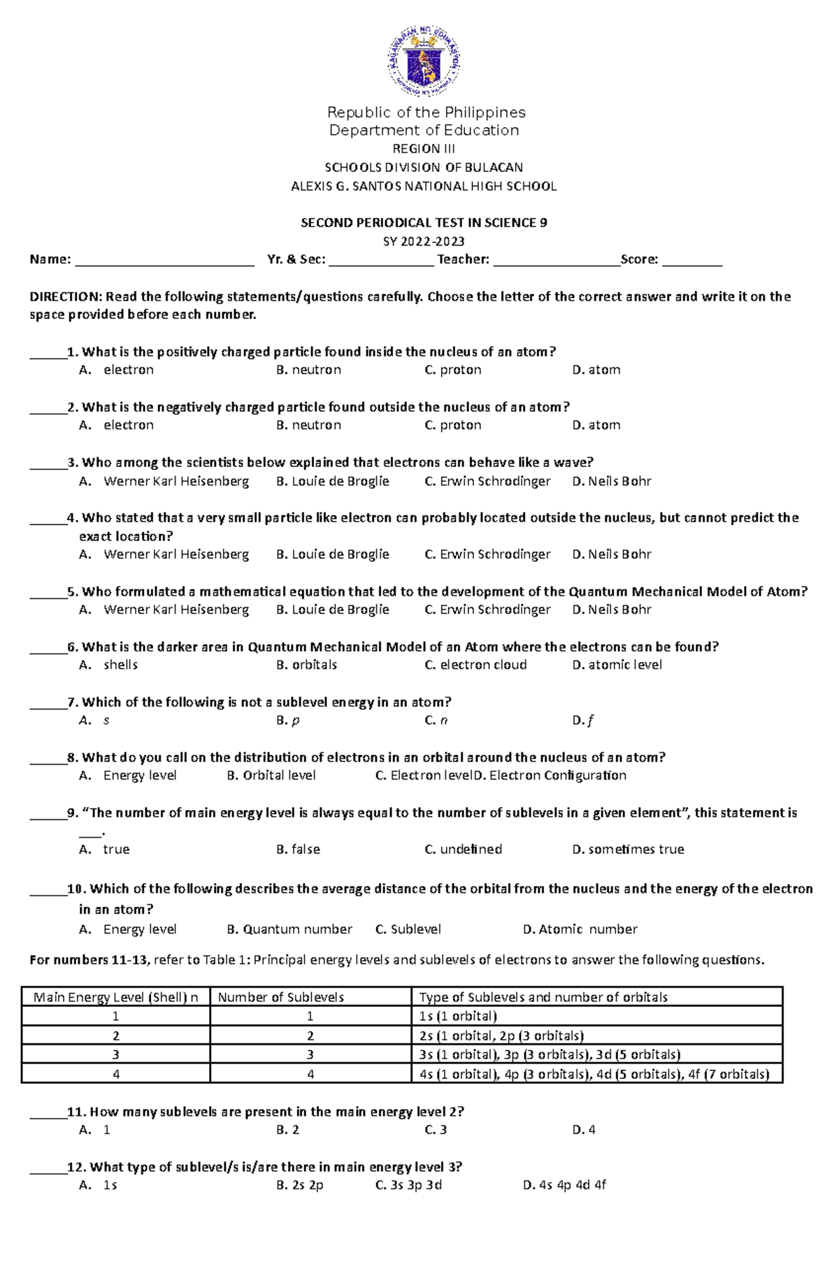 Q2 Periodical Test Science 9 PTN - Republic Of The Philippines ...