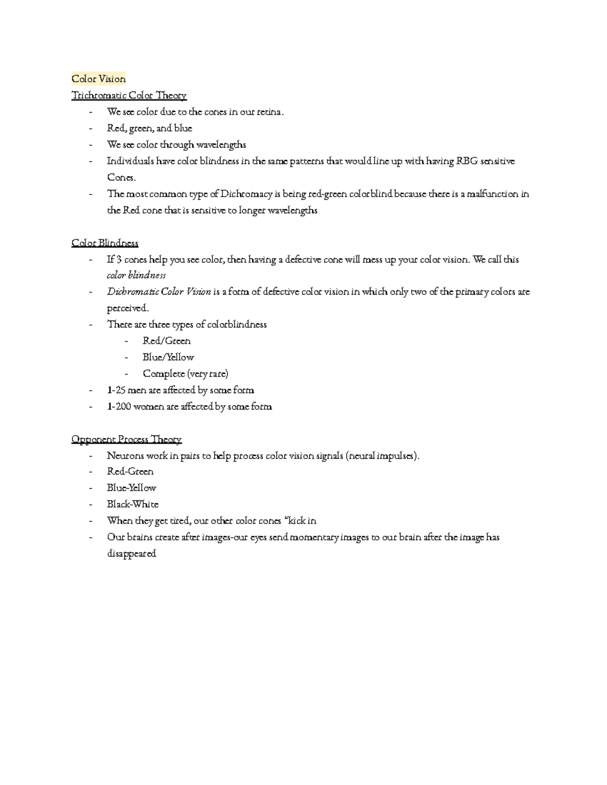 Vision in Psychology Notes Color Vision Trichromatic Color Theory