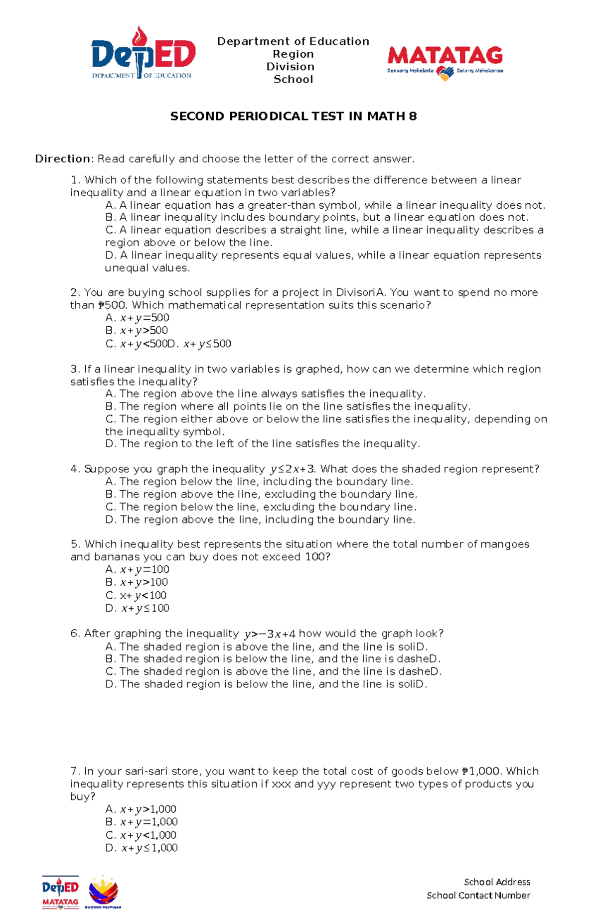 MATH8 PT Q2 - hello - Department of Education Region Division School ...