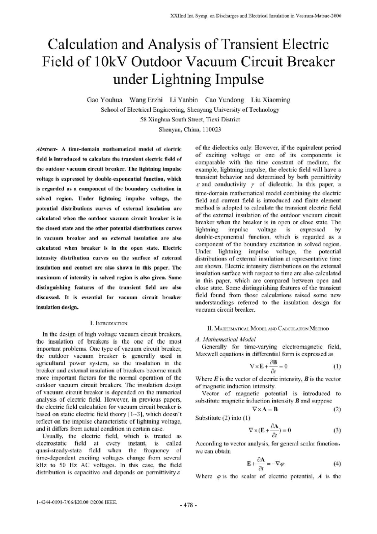 Calculation and Analysis of Transient Electric Field of 10k V Outdoor