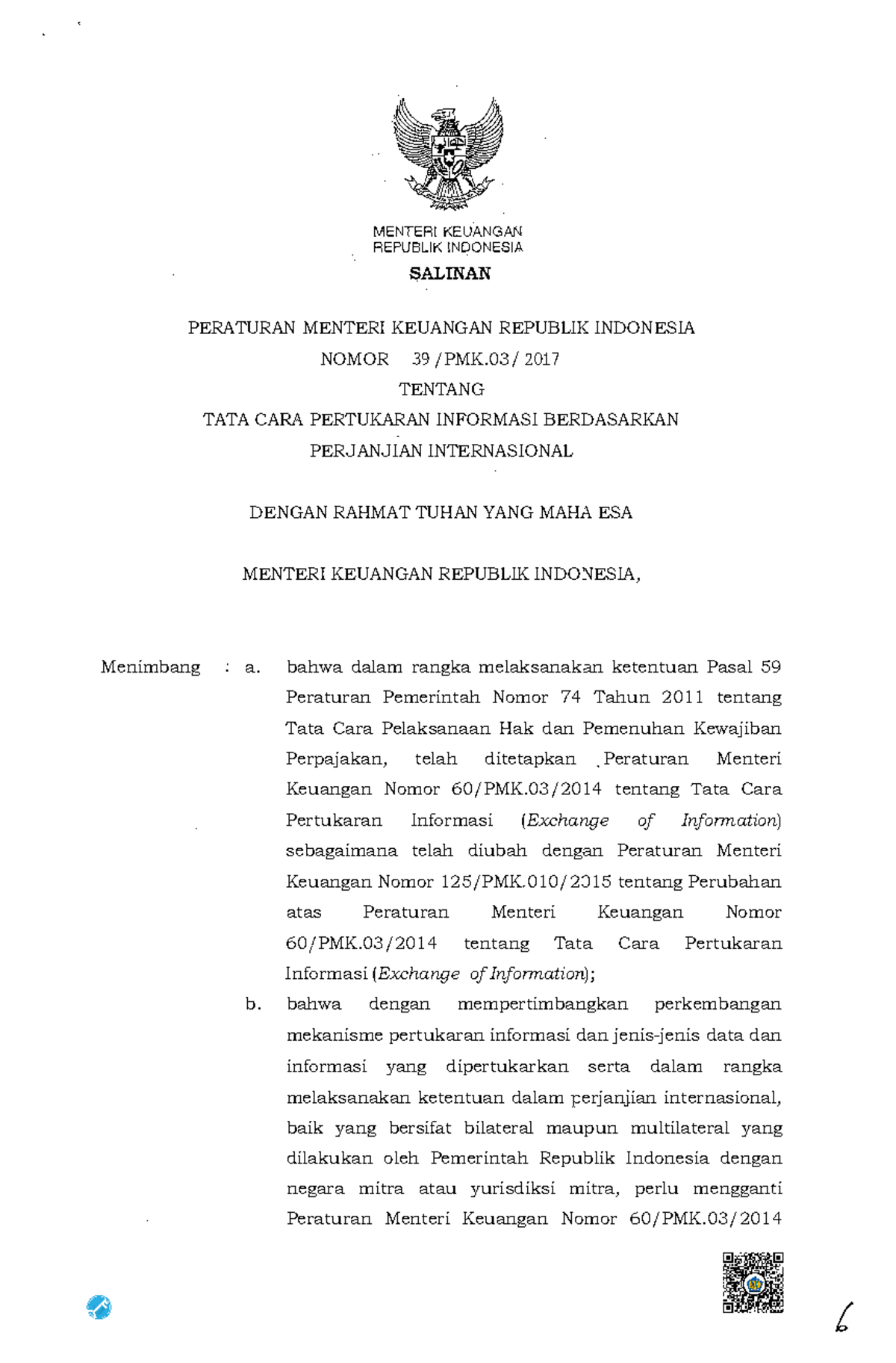 PMK 39-2017 EOI - PMK-39 Tahun 2017 - MENTER! KEUANGAN REPUBLIK