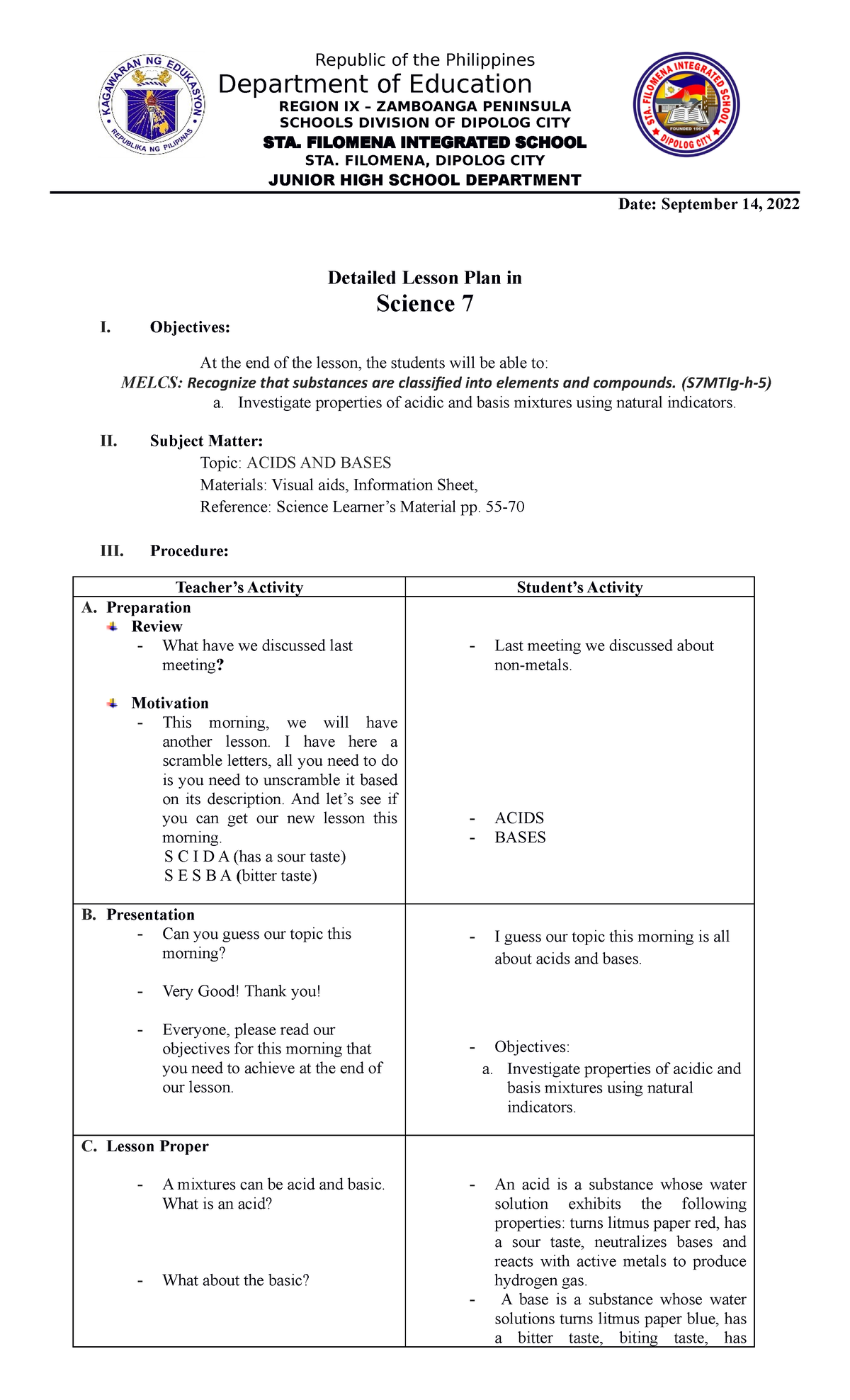 DLP-SEP 14 - LESSON PLAN - Republic Of The Philippines Department Of ...