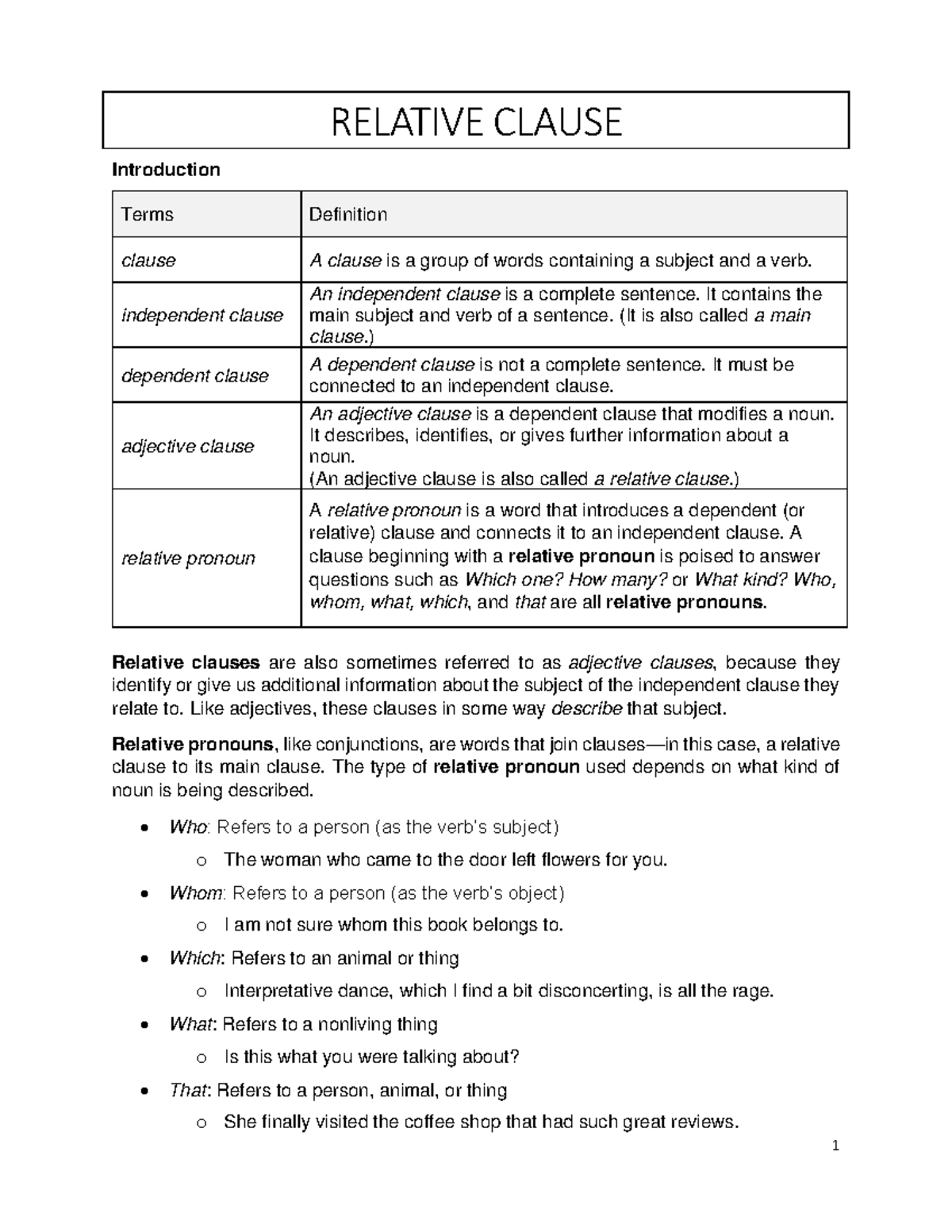 9-Relative Clause - RELATIVE CLAUSE Introduction Terms Definition ...