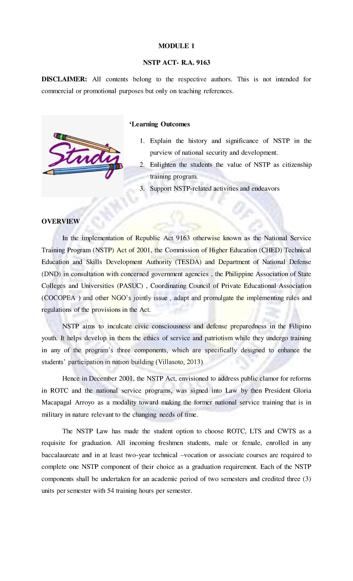 Module 1 - Civic Welfare Training Svice (NSTP) - MODULE 1 NSTP ACT- R ...