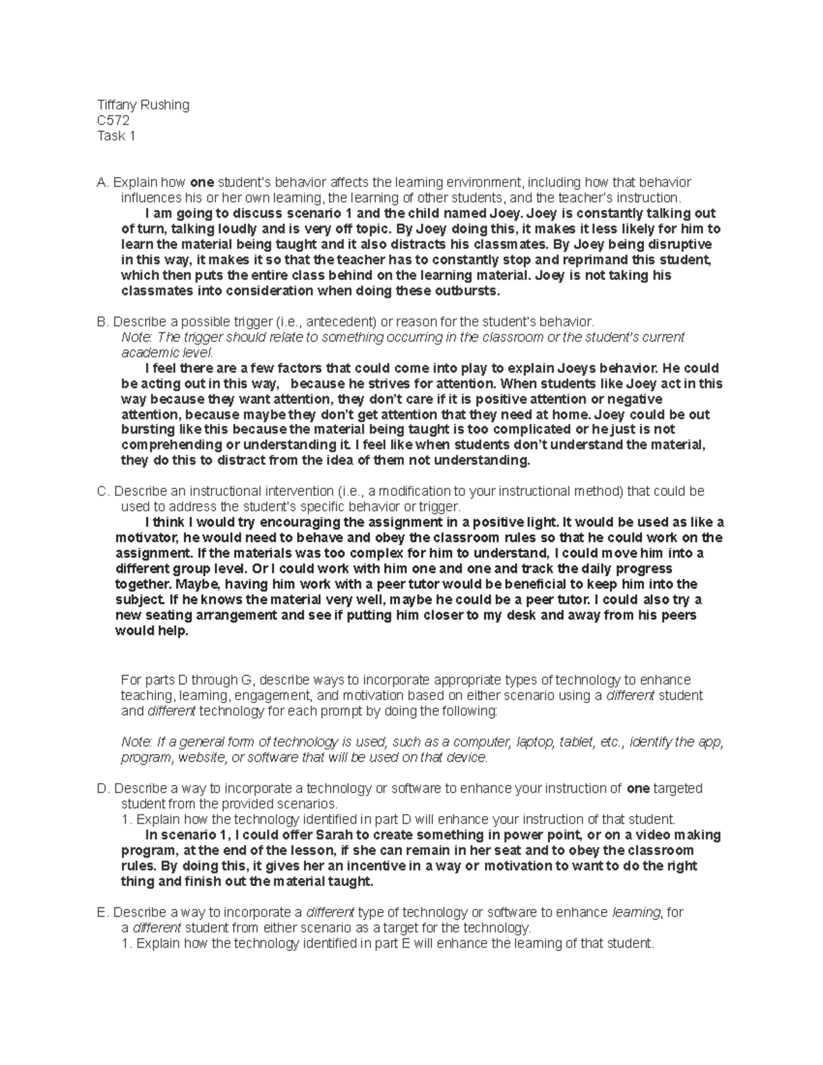 Task 1 Classroom Management - Tiffany Rushing C Task 1 A. Explain how ...