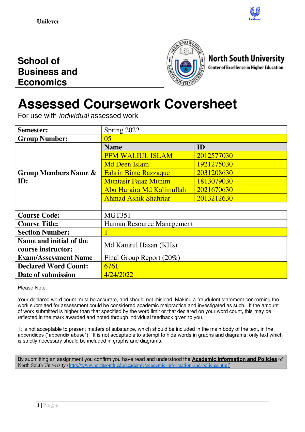 MGT 351 SEC 1 Group 5 Unilever - School Of Business And Economics ...