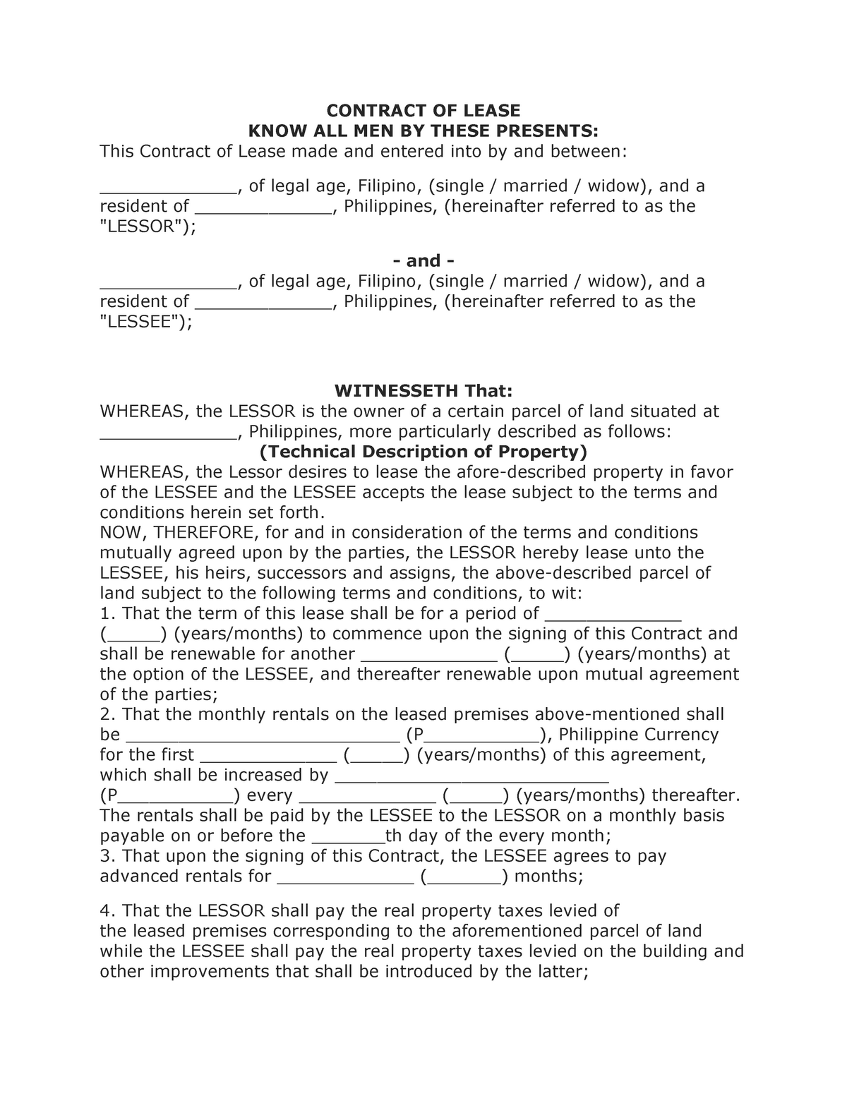 Contract OF Lease - CONTRACT OF LEASE KNOW ALL MEN BY THESE PRESENTS ...