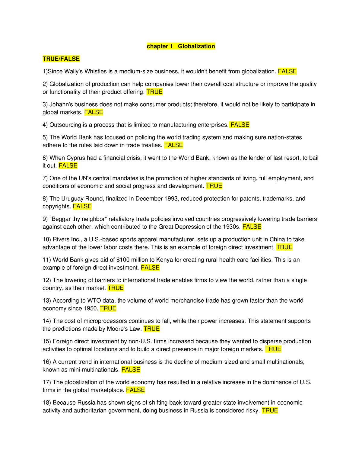 Chapter 1 Globalization Answer - Chapter 1 Globalization TRUE/FALSE 1 ...