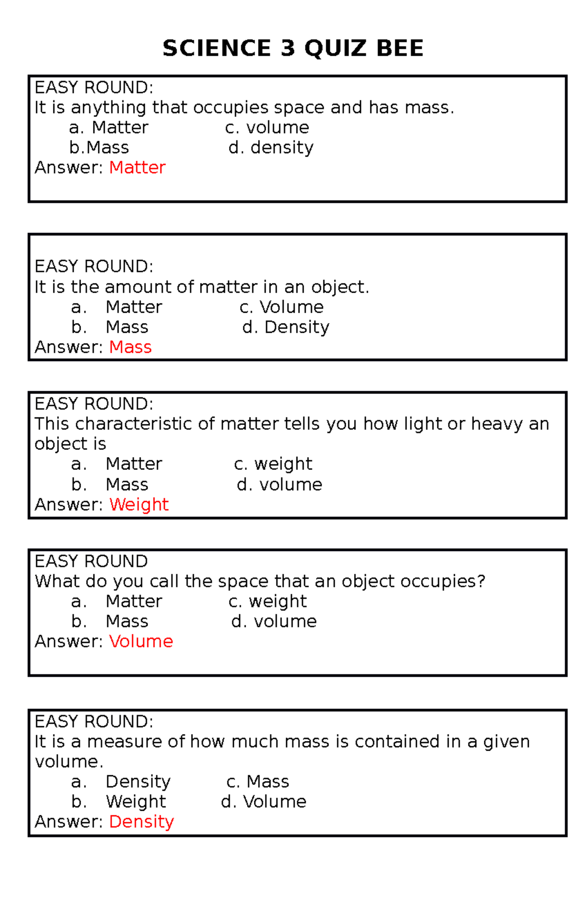 QUIZ BEE GR 3 Science AND A.P SCIENCE 3 QUIZ BEE EASY ROUND It is