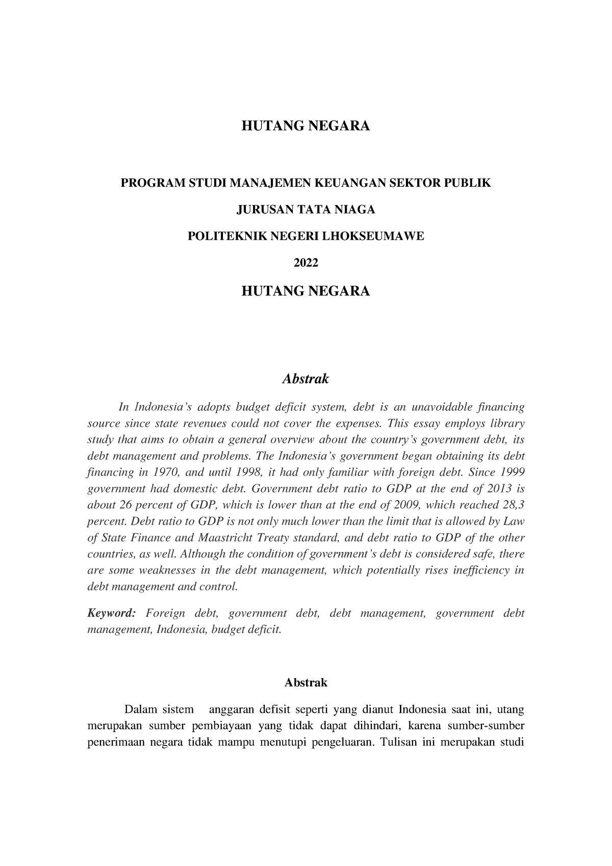 Hutang Negara - HUTANG NEGARA PROGRAM STUDI MANAJEMEN KEUANGAN SEKTOR ...