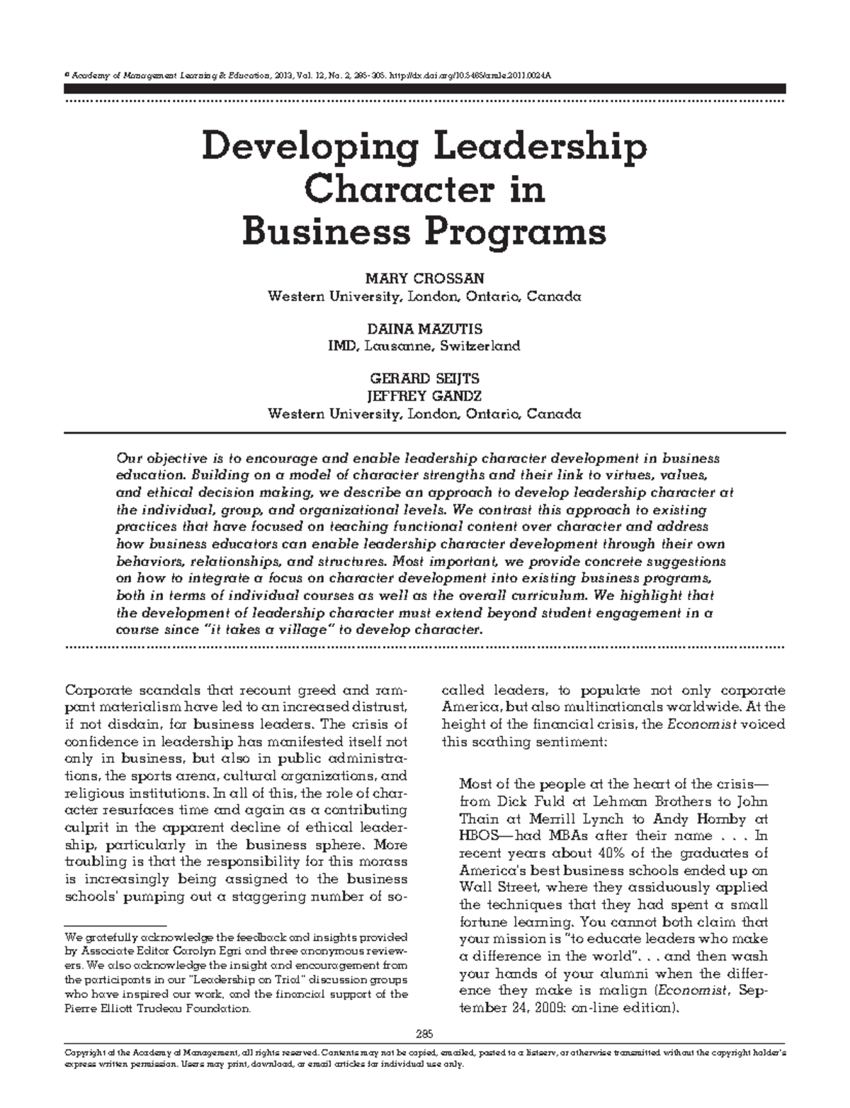 L 6 Reading-Crossan, M., et al. (2012 ). Developing Leadership ...