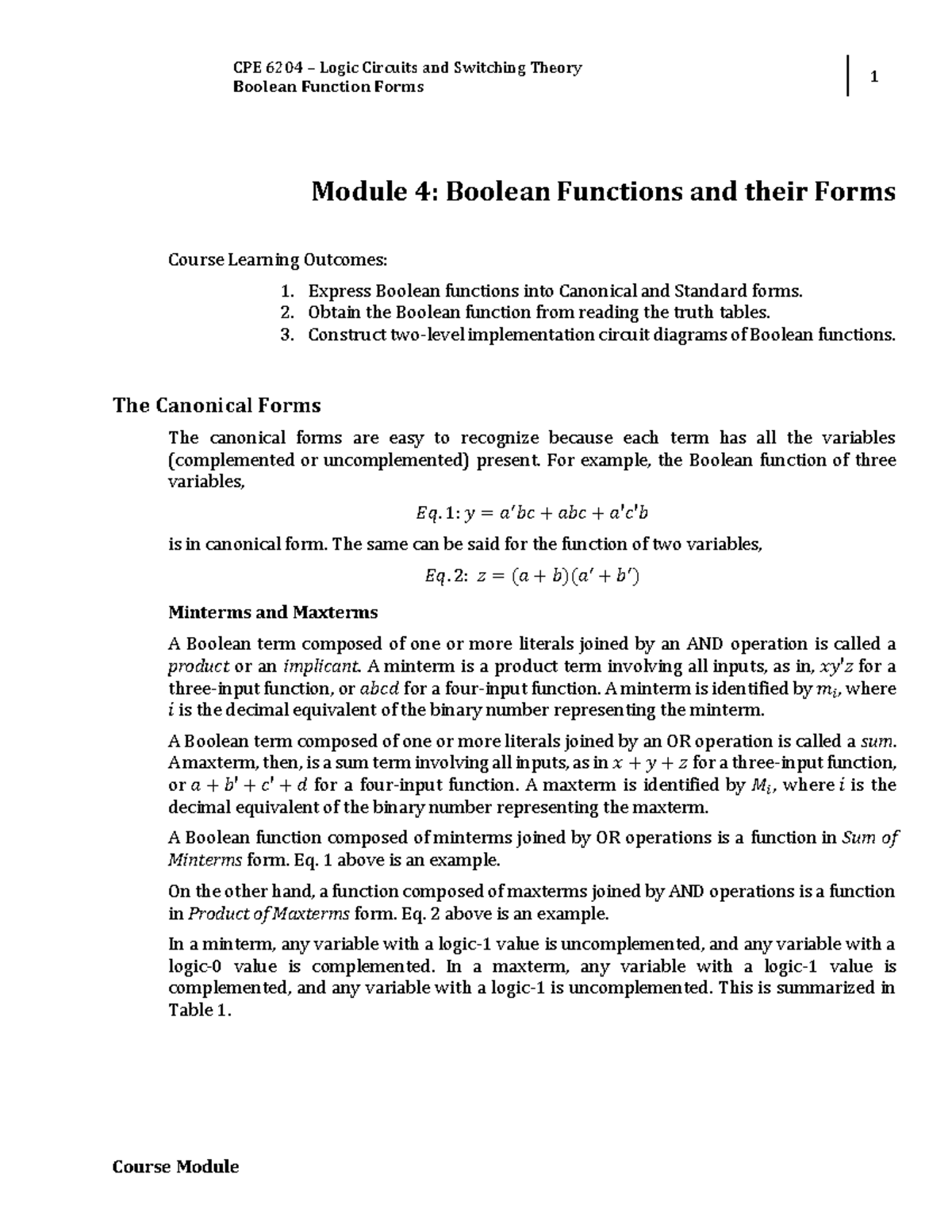 Week 4 - Module 4 Boolean Functions and their Forms - CPE 6204 – Logic ...