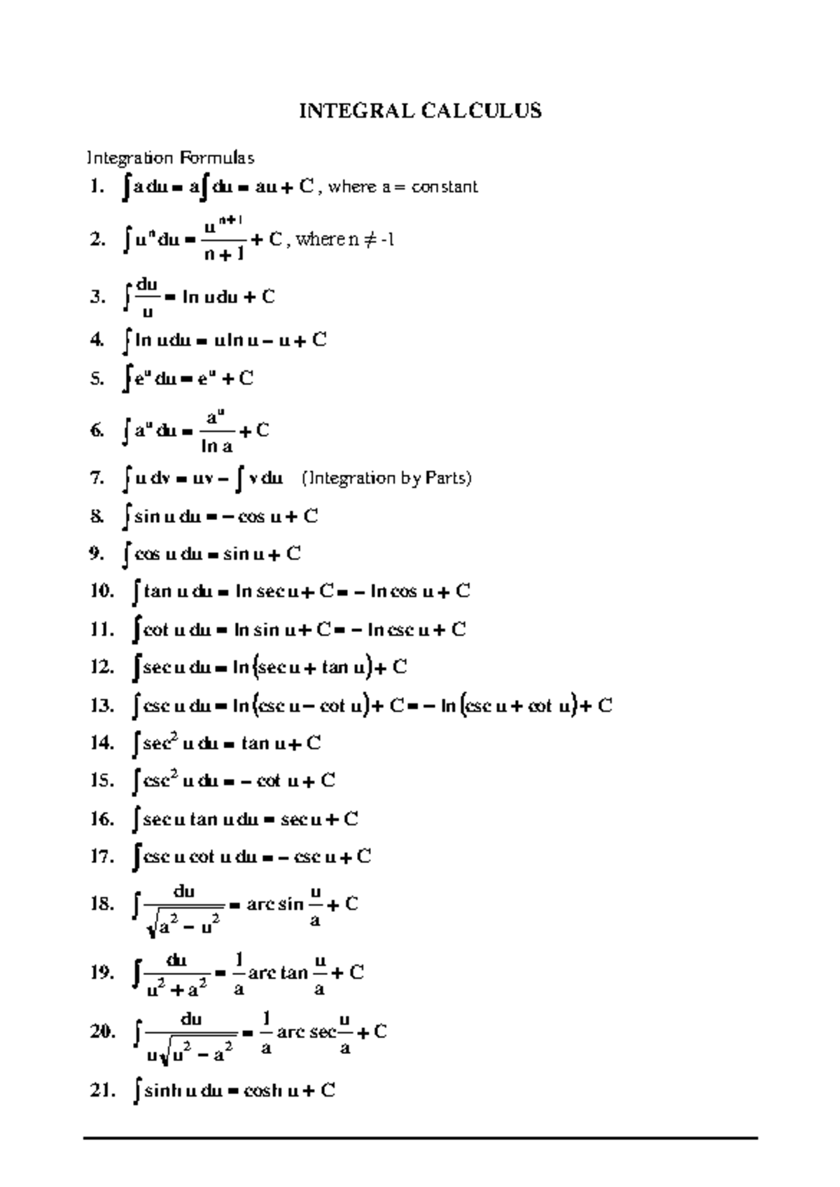 Integral Calculus - INTEGRAL CALCULUS Integration Formulas 1. adu a du ...