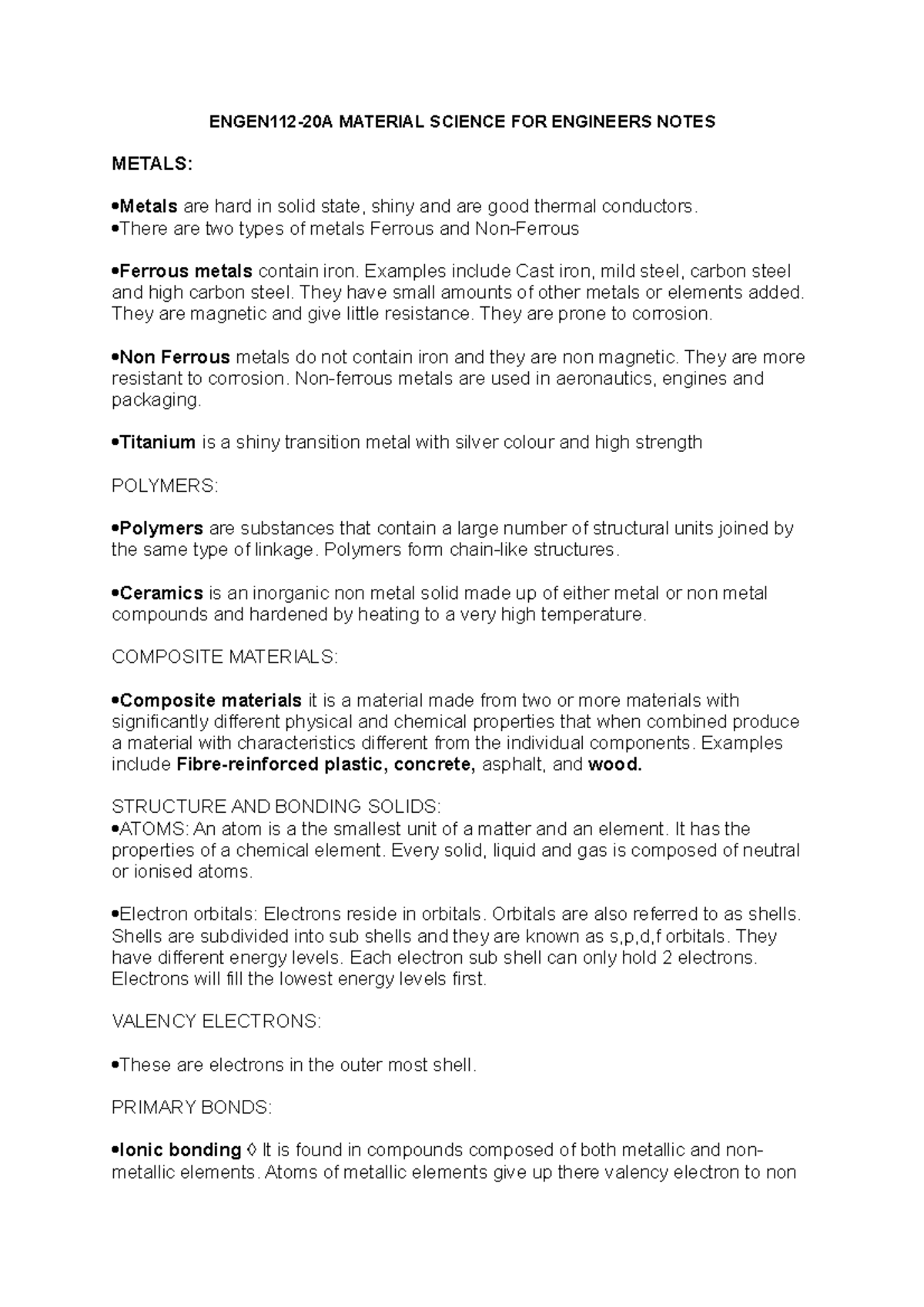 ENGEN112 notes - ENGEN112-20A MATERIAL SCIENCE FOR ENGINEERS NOTES ...