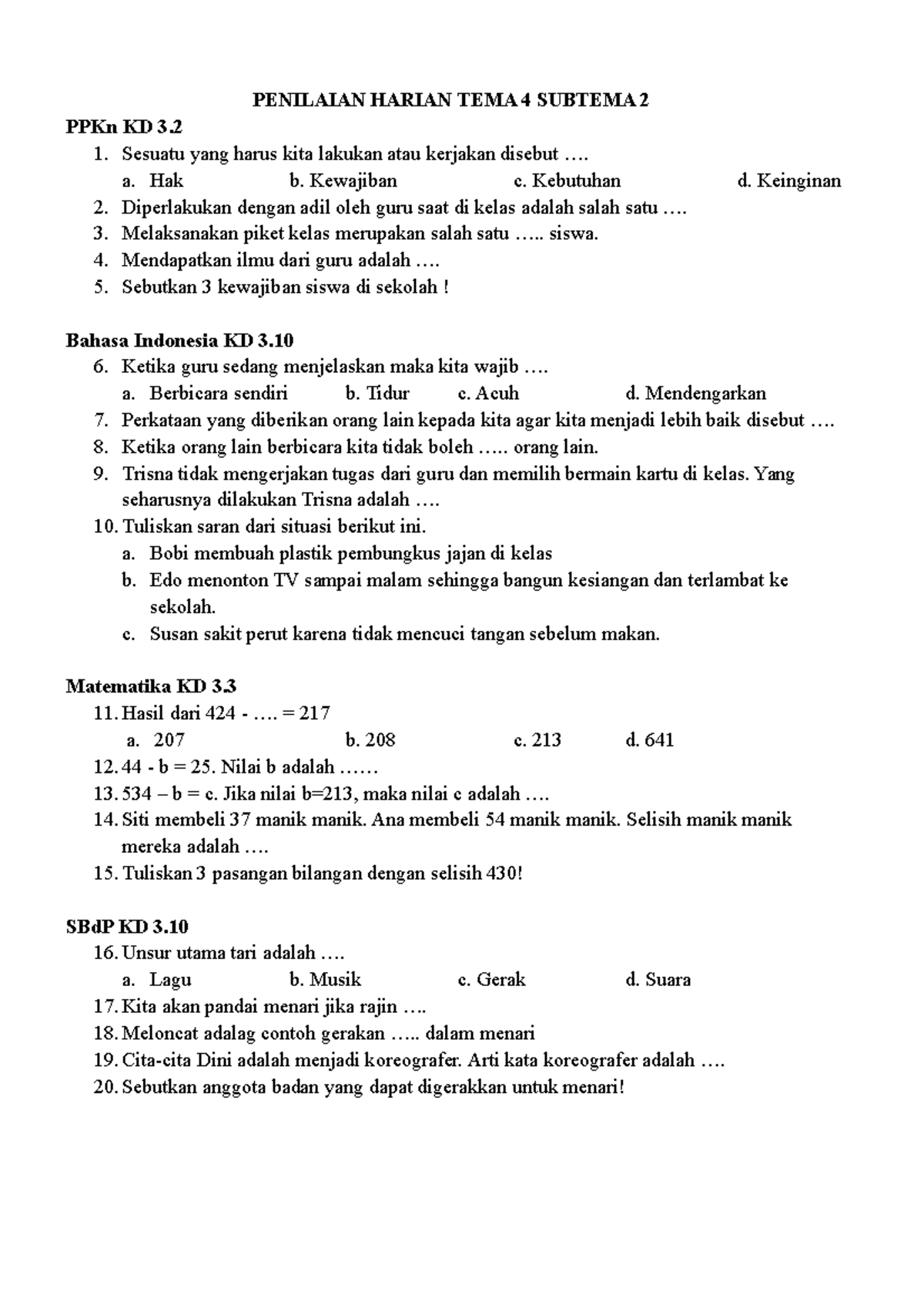 Soal ulangan harian tema 4 subtema 2 kelas 4 Soal ulangan harian tema 4 subtema 2 kelas 4