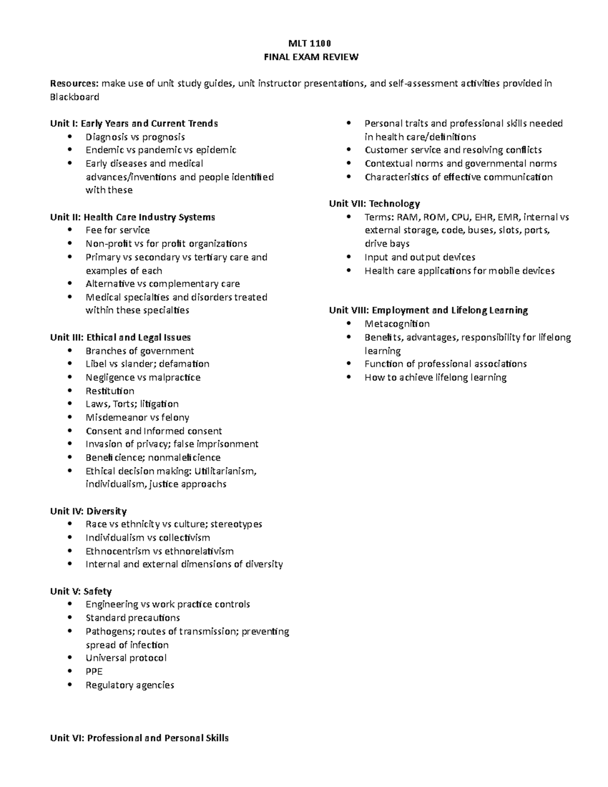 Final Exam Review Exam Mlt 1100 Final Exam Review Resources Make Use Of Unit Study Guides Final Exam Review Exam Mlt 1100 Final Exam Review Resources Make Use Of Unit Study Guides