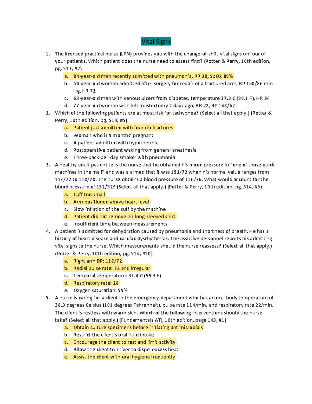 NR224 Exam 1 Practice Questions-Vital Signs - Vital Signs The Licensed ...