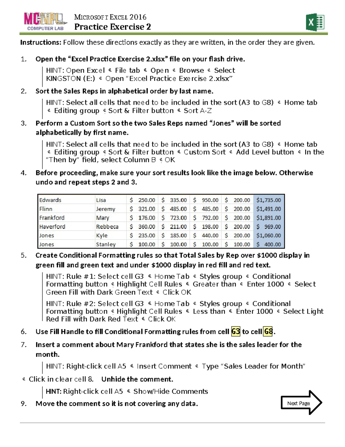 Excel Practice Exercise 2 Instructions - MICROSOFT EXCEL 2016 Practice ...