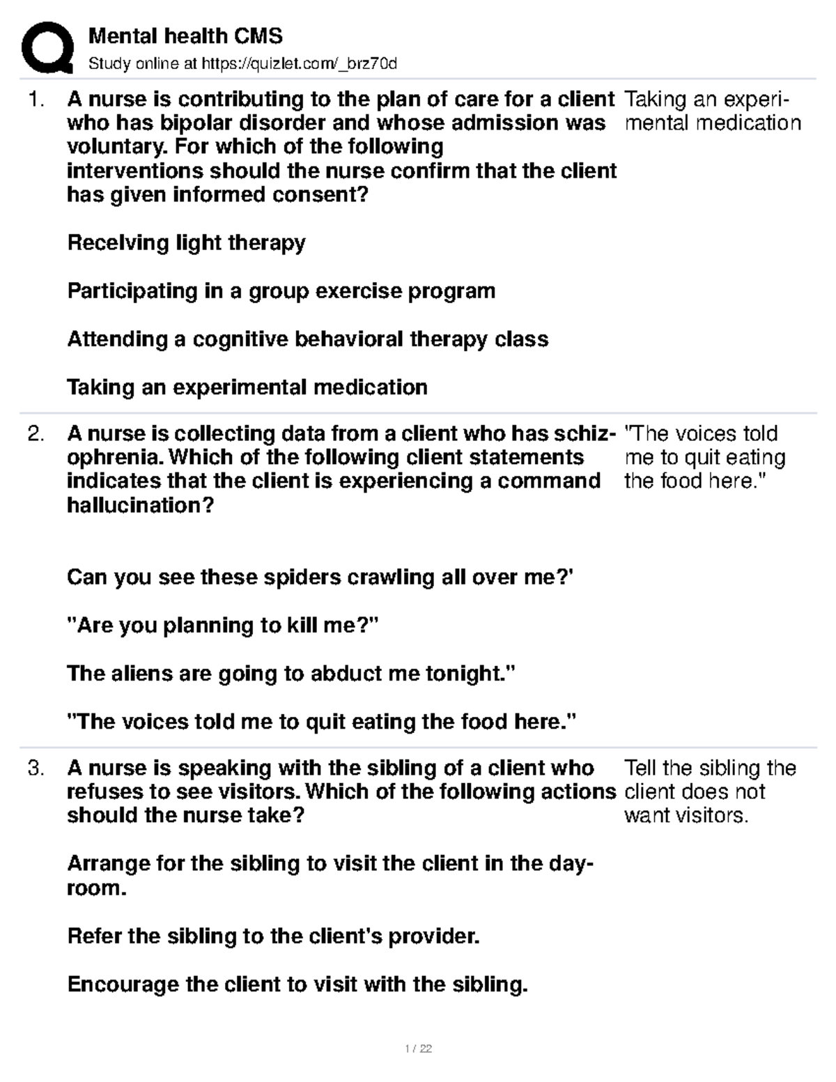 Mental health proctor Study online at quizlet/_brz70d A nurse is