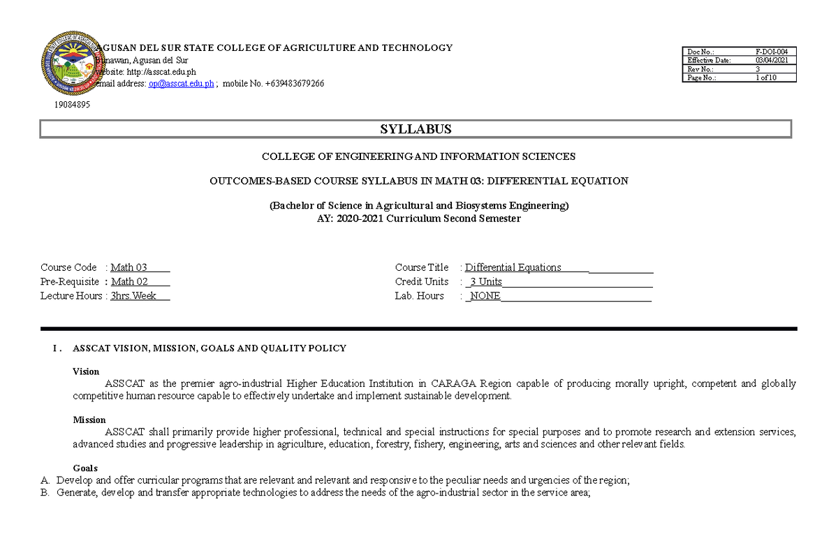 FDOI004 Syllabus Differential Equation for REv SYLLABUS COLLEGE OF