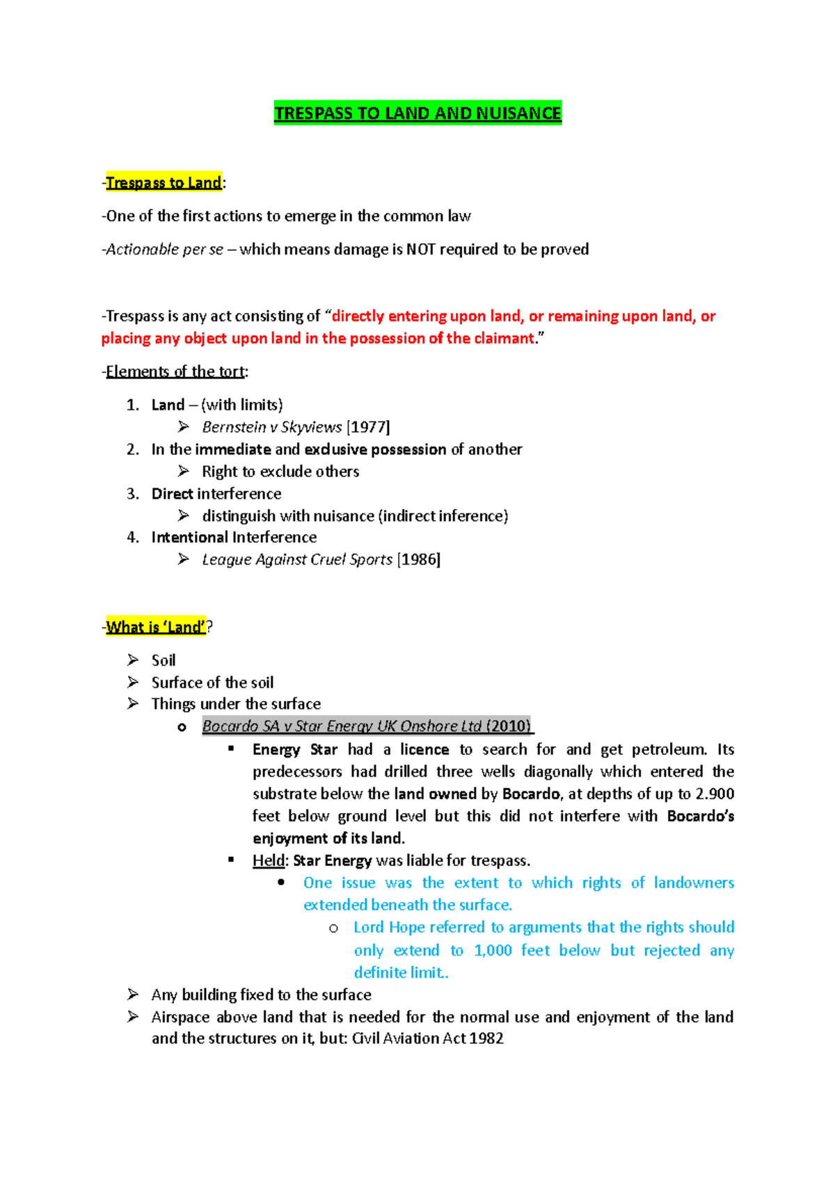 Notes 1 - PN1 - TRESPASS TO LAND AND NUISANCE Trespass to Land: -One of ...