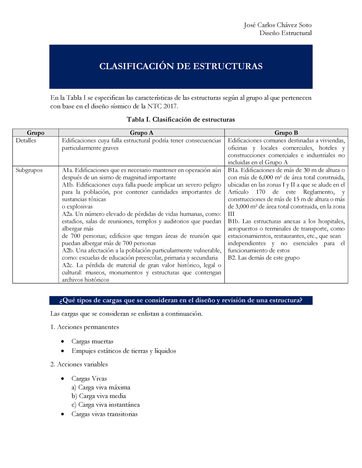 Cargas Diseño Estructural CLASIFICACIÓN DE ESTRUCTURAS En la Tabla I