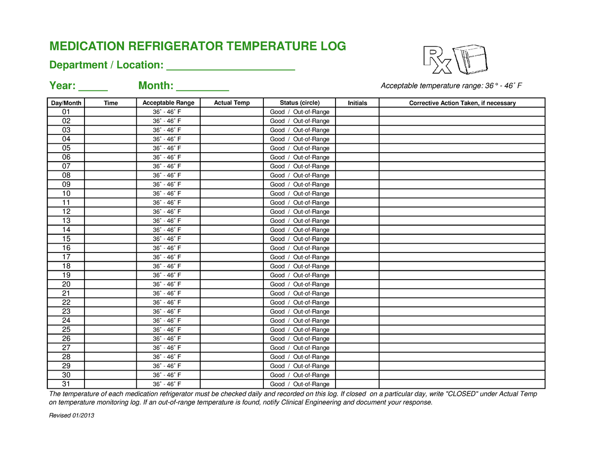 Medication Refrigerator Temperature LOG - Acceptable temperature range