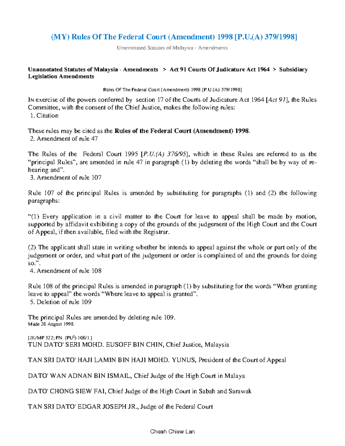 (MY) Rules Of The Federal Court (Amendment) 1998 [P (A) 379/1998