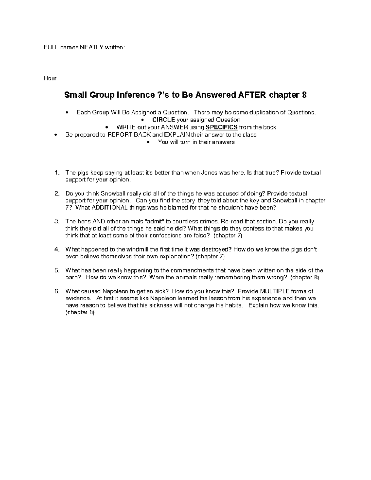 Inference questions chp 1 8 - FULL names NEATLY written: Hour Small ...