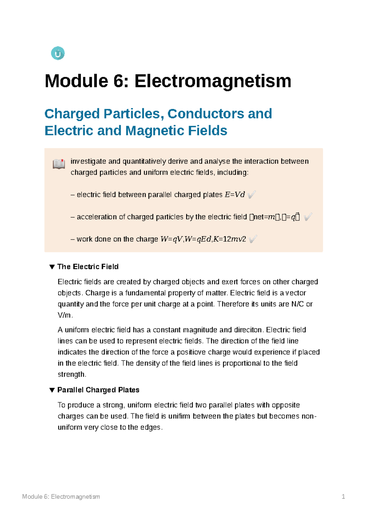 Module 6 Electromagnetism - Module 6: Electromagnetism Charged ...