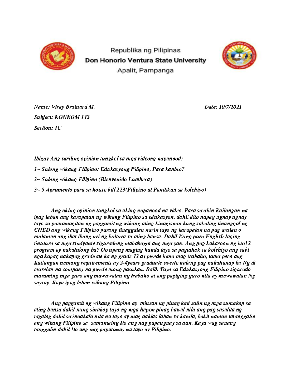 Viray Brainard M. konkom 113 Name Viray Brainard M. Date 10/7