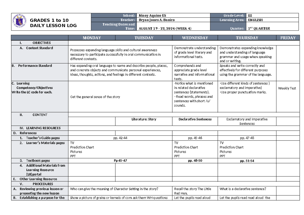 DLL English 3 Q1 W4 - GRADES 1 to 10 DAILY LESSON LOG School: Ninoy ...