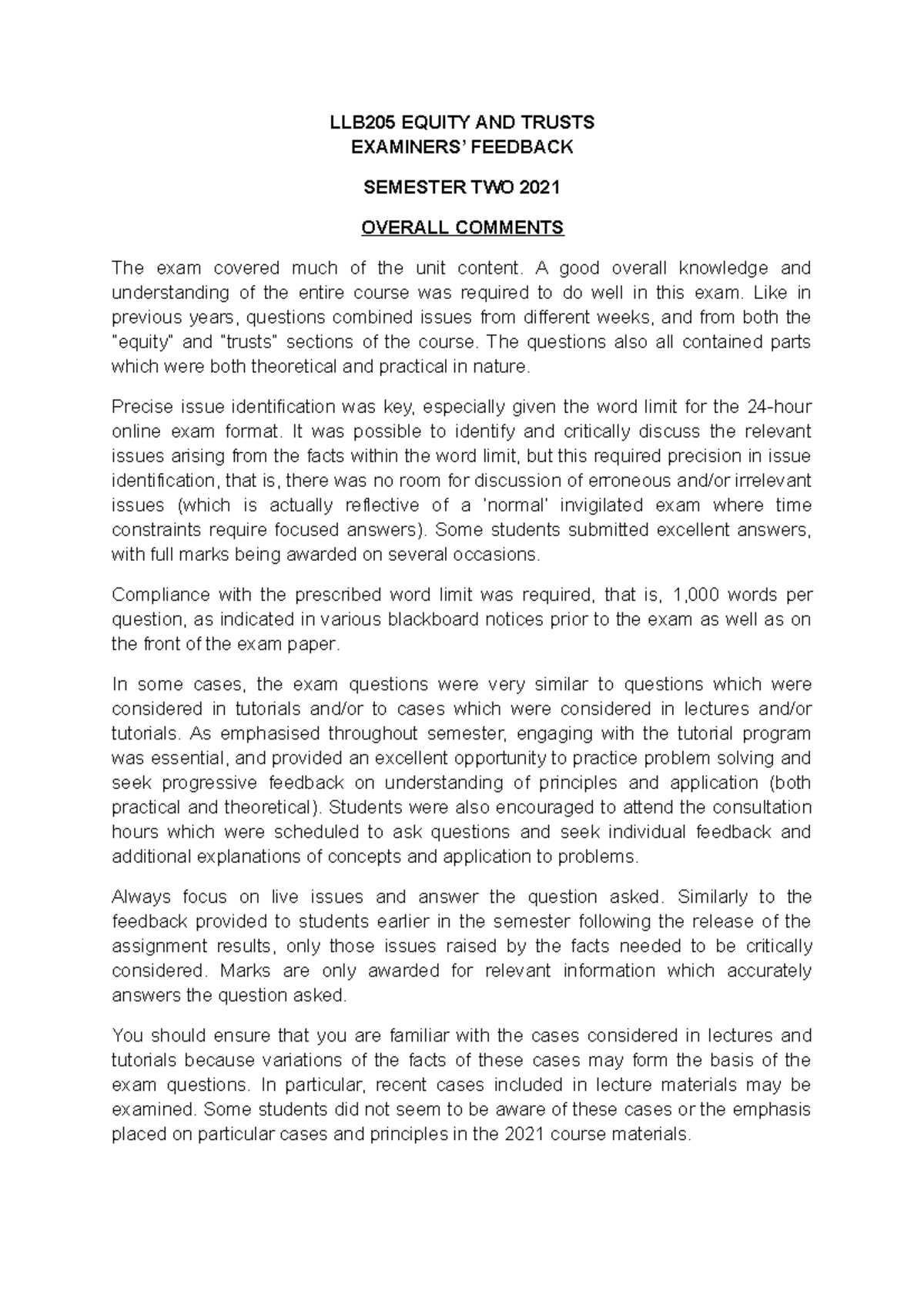 LLB205 2021 Examiners Feedback Final - LLB205 EQUITY AND TRUSTS ...