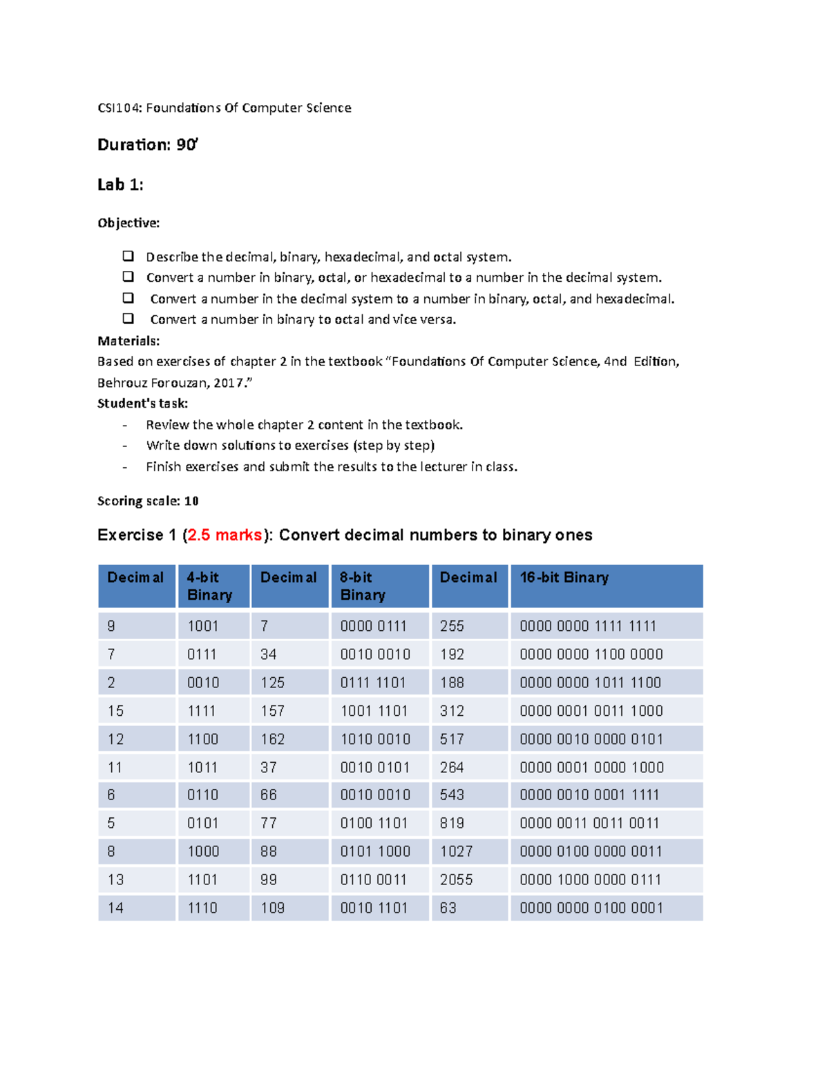 Lab 01 - CSI104 Lab1 - CSI104: Foundations Of Computer Science Duration ...