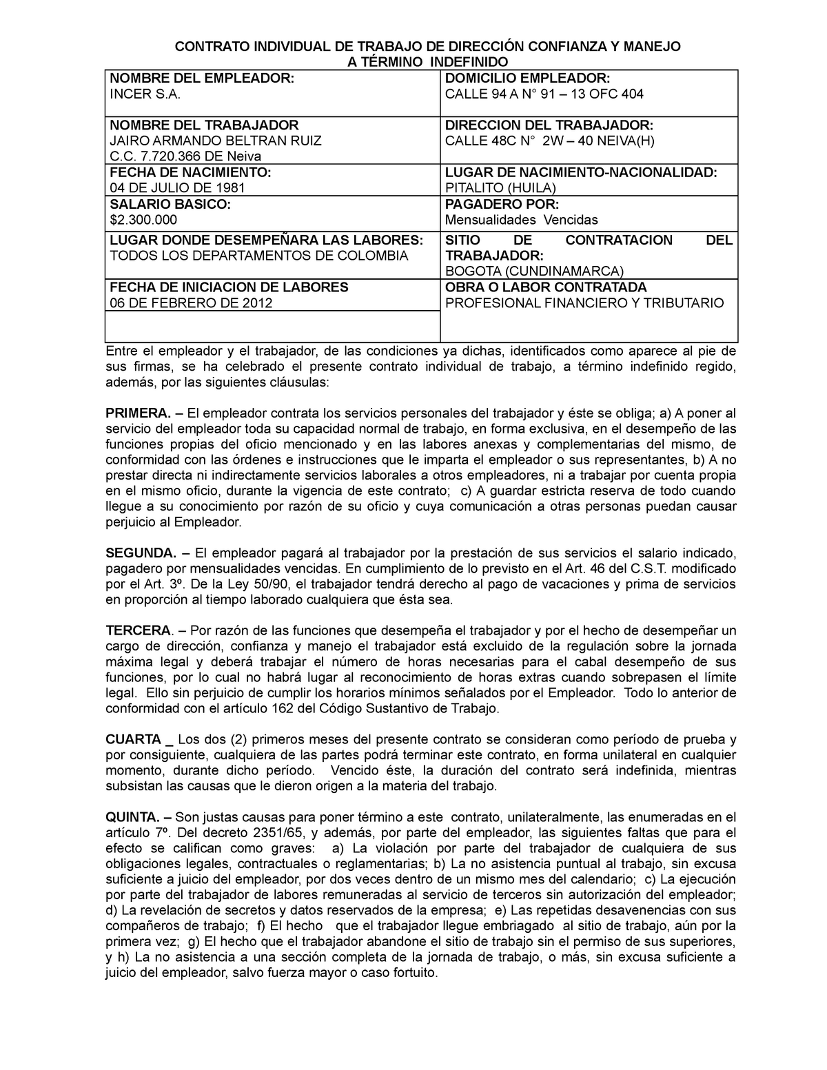 90230881 Modelo Contrato Direccion Manejo y Confianza a Termino Indefinido  - CONTRATO INDIVIDUAL DE - Studocu