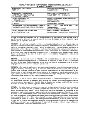 90230881 Modelo Contrato Direccion Manejo y Confianza a Termino Indefinido  - CONTRATO INDIVIDUAL DE - Studocu