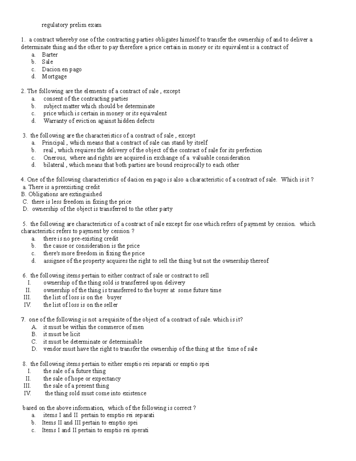 Regulatory-prelim-exam - regulatory prelim exam a contract whereby one ...