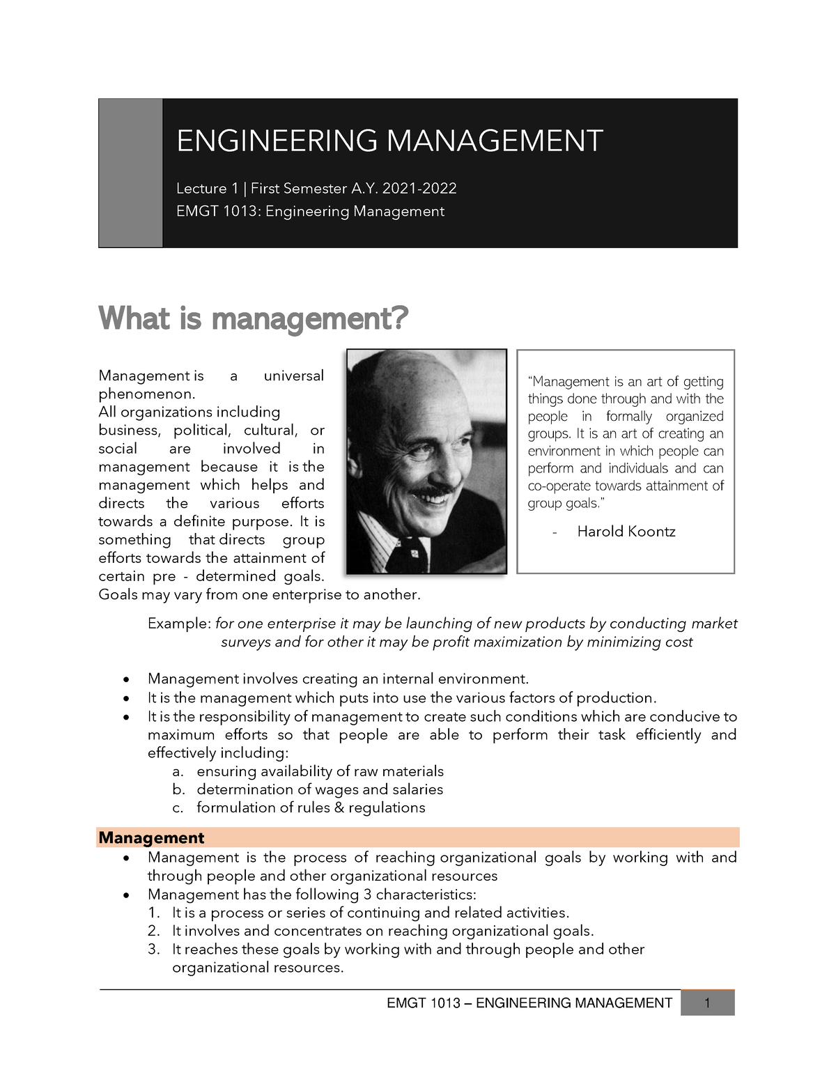 Module 1 - Introduction TO Management - ENGINEERING MANAGEMENT Lecture ...